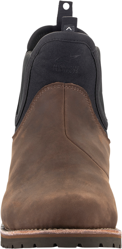 Alpinestars Turnstone motorcycle boots in black and brown, US size 9, featuring protective design and sturdy construction.