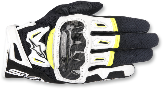 Alpinestars SMX-2 Air Carbon V2 motorcycle gloves in black, white, and fluo yellow with protective armor, small size.