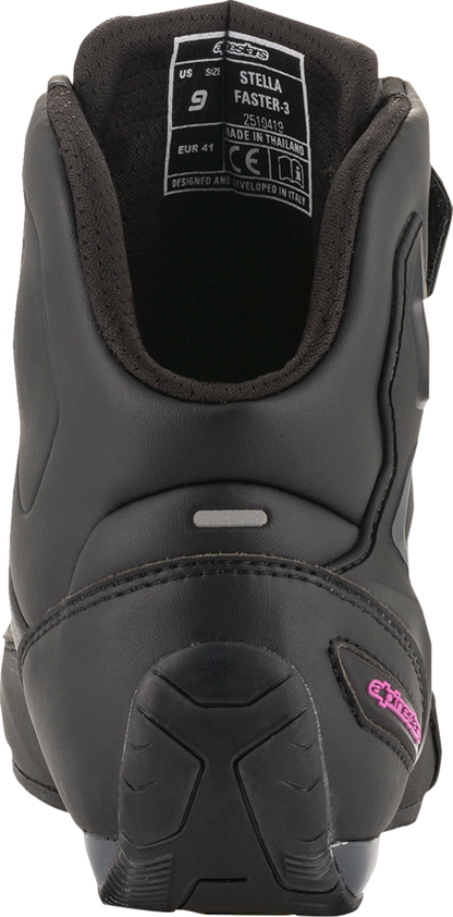 Alpinestars Stella Faster-3 black and pink riding shoes for women, US size 6, with protective design and sporty appearance.
