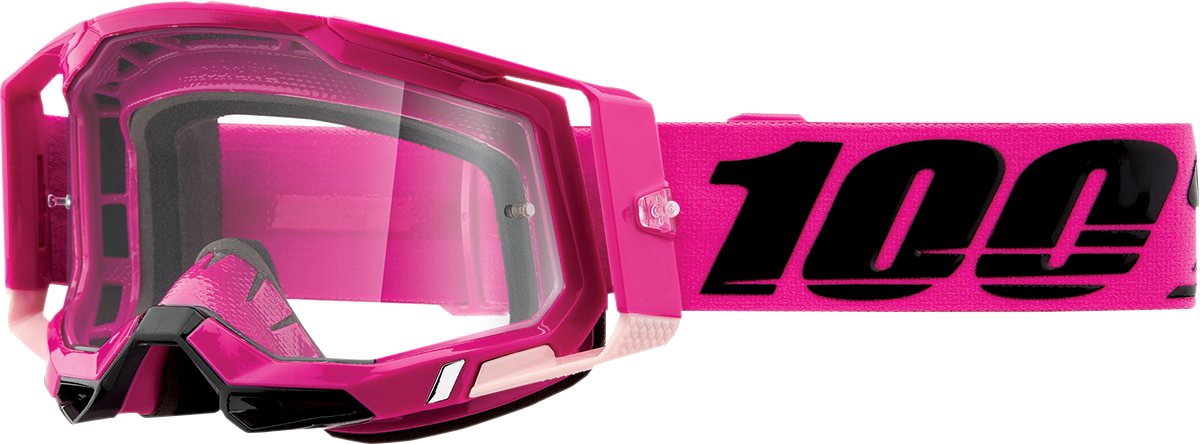 Clear 100% Racecraft 2 goggles by Bill's Exhausts featuring a sleek frame and transparent lens, designed for high-performance racing.