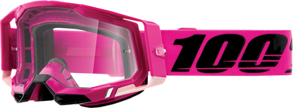 Clear 100% Racecraft 2 goggles by Bill's Exhausts featuring a sleek frame and transparent lens, designed for high-performance racing.