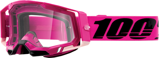 Clear 100% Racecraft 2 goggles by Bill's Exhausts featuring a sleek frame and transparent lens, designed for high-performance racing.