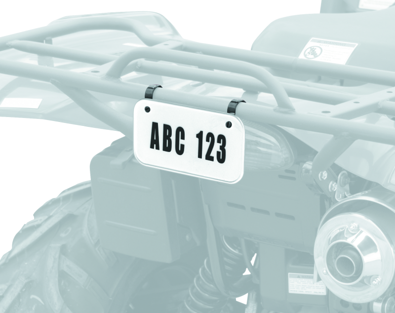 QuadBoss ATV license plate kit with white background, black numbers and letters, and mounting clamps.