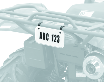 QuadBoss ATV license plate kit with white background, black numbers and letters, and mounting clamps.
