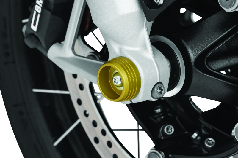 Kuryakyn Lodestar front axle sliders for BMW R1200 series motorcycle, protecting suspension and brakes during falls.