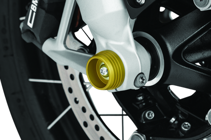 Kuryakyn Lodestar front axle sliders for BMW R1200 series motorcycle, protecting suspension and brakes during falls.