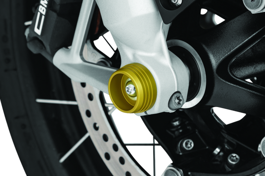 Kuryakyn Lodestar front axle sliders for BMW R1200 series motorcycle, protecting suspension and brakes during falls.