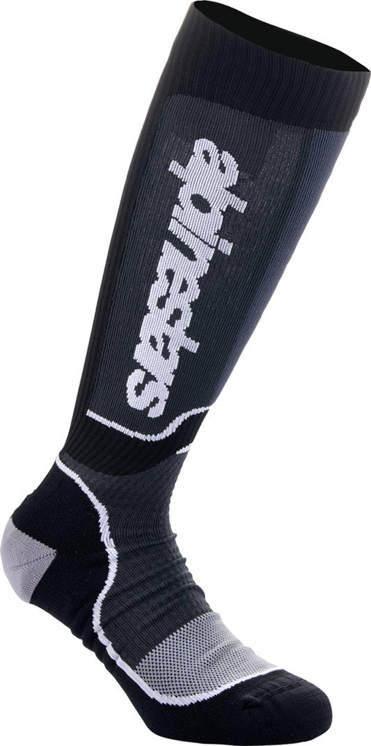Alpinestars Youth MX Plus Socks in black and white, medium/large size, featuring reinforced heel and toe for motocross riding.