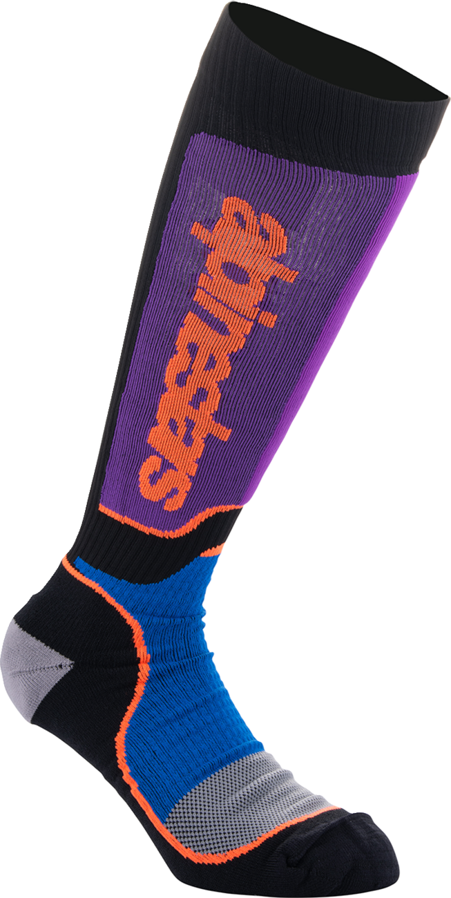 Alpinestars Youth MX Plus Socks in black, purple, blue, and orange with reinforced heel and toe, medium/large size.