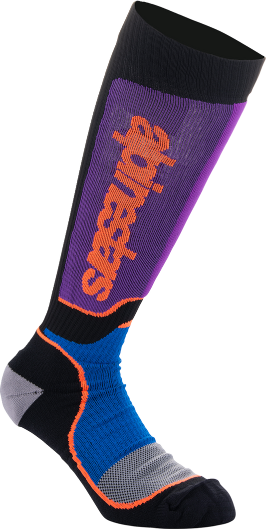 Alpinestars Youth MX Plus Socks in black, purple, blue, and orange with reinforced heel and toe, medium/large size.