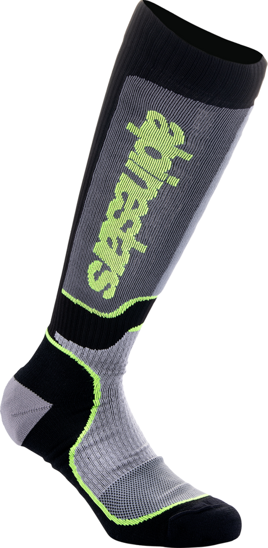 Alpinestars Youth MX Plus Socks in black, gray, and yellow with medium/large size, featuring breathable fabric and reinforced heel