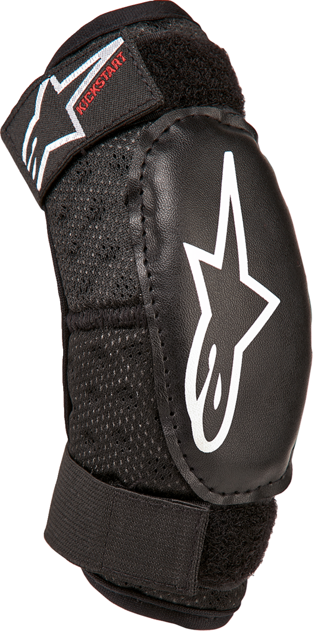 Alpinestars Youth Bionic Action Kickstart Elbow Guards in black and red for kids age 4-6, showing protective padding and design.