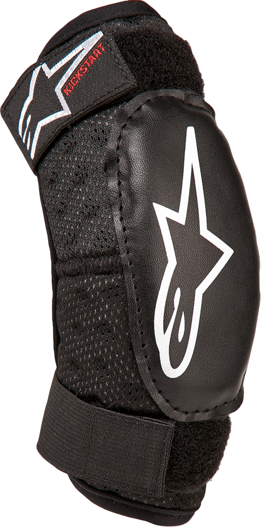Alpinestars Youth Bionic Action Kickstart Elbow Guards in black and red for kids age 4-6, showing protective padding and design.