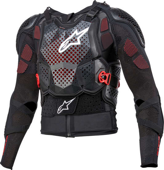 Alpinestars Bionic Tech v3 motorcycle jacket in black, white, and red with impact protection and advanced ventilation.