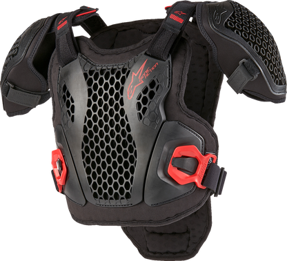 Alpinestars Youth Bionic Action Guard in black and red, protective sports gear for youth with adjustable straps and padding.