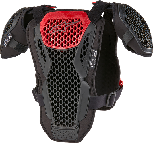 Alpinestars Youth Bionic Action Guard in black and red, protective sports armor for kids, featuring adjustable straps and impact protection.