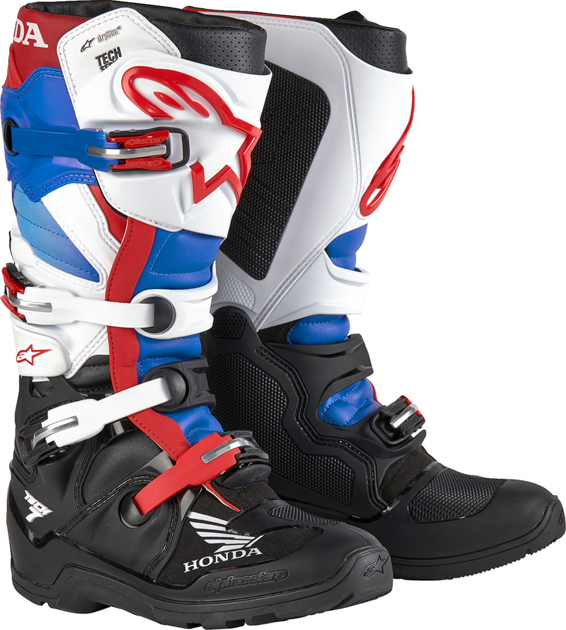 Alpinestars Tech 7 Enduro Drystar® motorcycle boots in black, white, blue, and red with US size 10, side view.