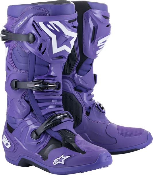 Alpinestars Tech 10 motocross boots in purple and black, US size 10, showing the sturdy design and protective features.