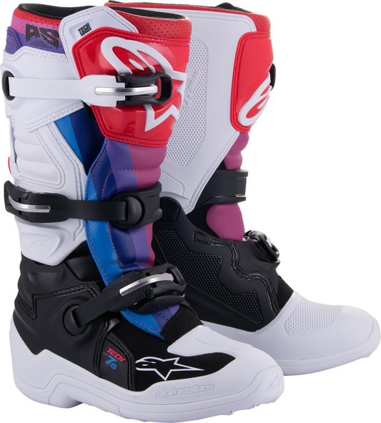 Alpinestars Youth Tech 7S motorcycle boots in white, black, and rainbow colors with US 6 sizing, front view.