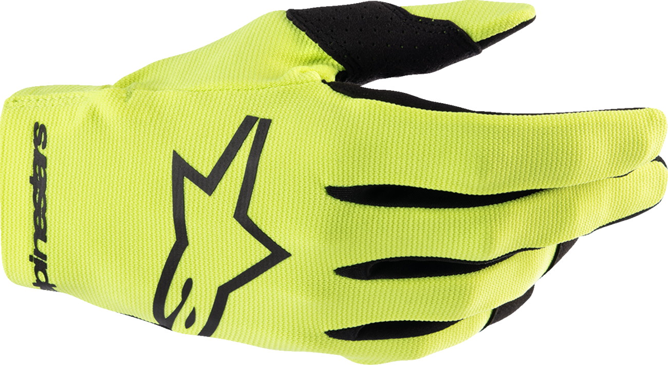Alpinestars Youth Radar Gloves in Fluo Yellow and Black, size Medium, featuring protective knuckles and adjustable wrist closure.