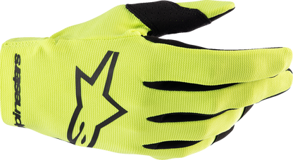 Alpinestars Youth Radar Gloves in fluo yellow and black, size large, featuring durable leather and protective knuckles.