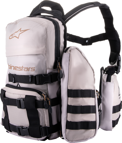 Alpinestars Techdura Tactical Pack in gray and black showing durable fabric and multiple compartments for outdoor or tactical use.