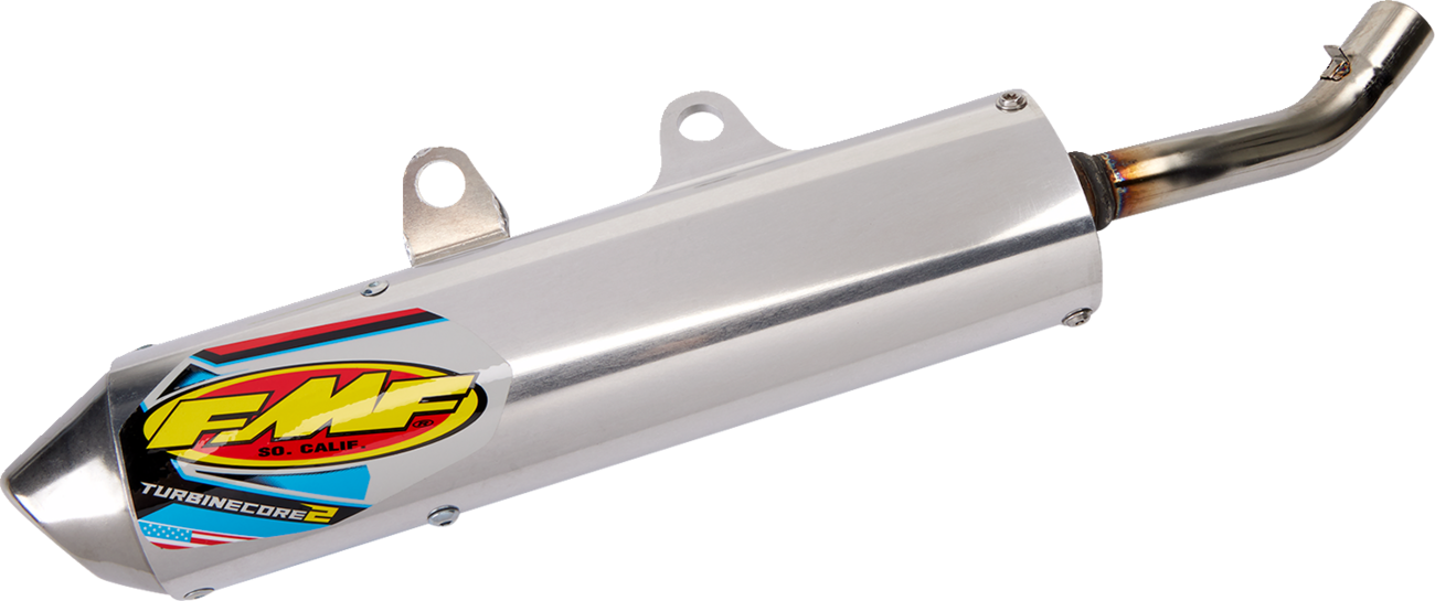 FMF Turbinecore 2 muffler with spark arrestor for off-road bikes, showing the metallic exhaust component with branding details.