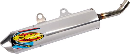 FMF Turbinecore 2 muffler with spark arrestor for off-road bikes, showing the metallic exhaust component with branding details.