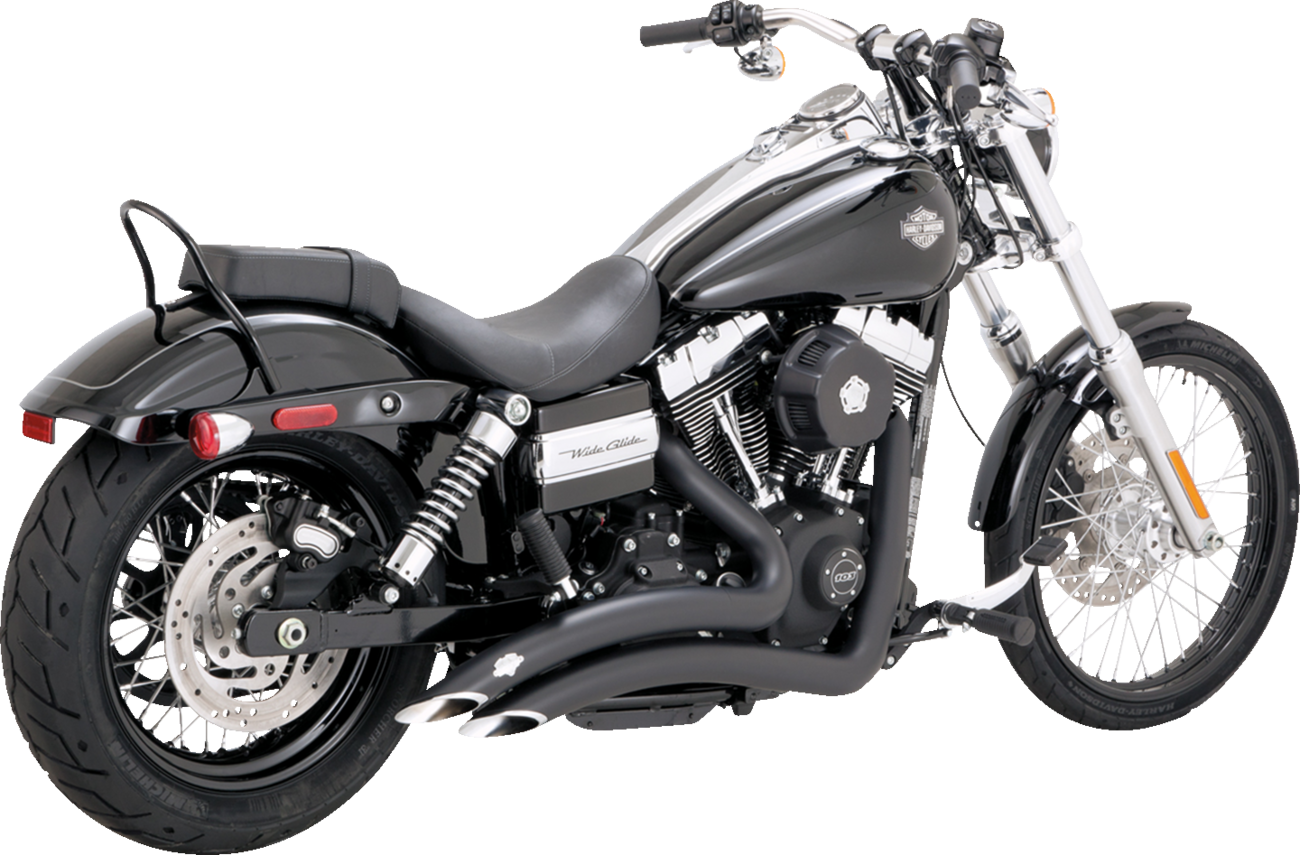 VANCE & HINES Big Radius 2-Into-2 exhaust system with heat shield in matte black, shown on motorcycle engine