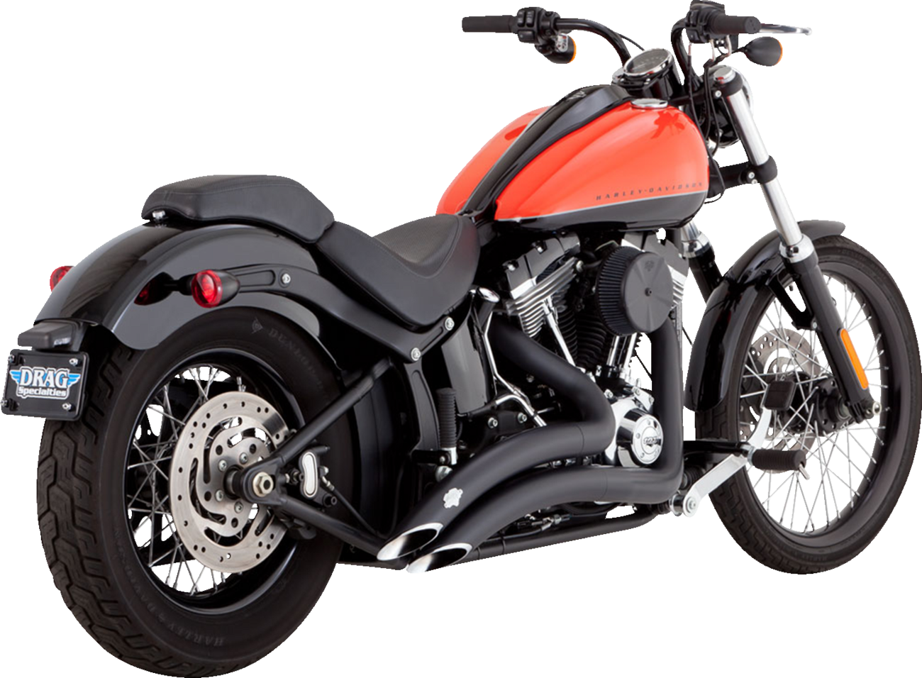 VANCE & HINES 2-into-2 Big Radius exhaust system with heat shield in matte black for motorcycles.