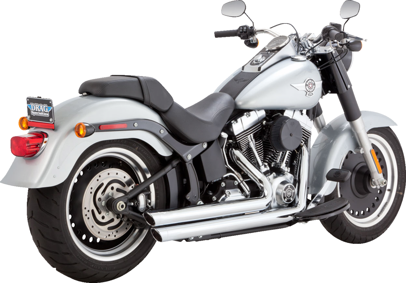 VANCE & HINES Big Shots staggered chrome exhaust system for motorcycles with dual pipes and polished chrome finish.