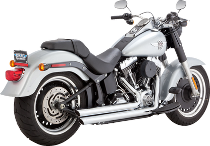 VANCE & HINES Big Shots staggered chrome exhaust system for motorcycles with dual pipes and polished chrome finish.
