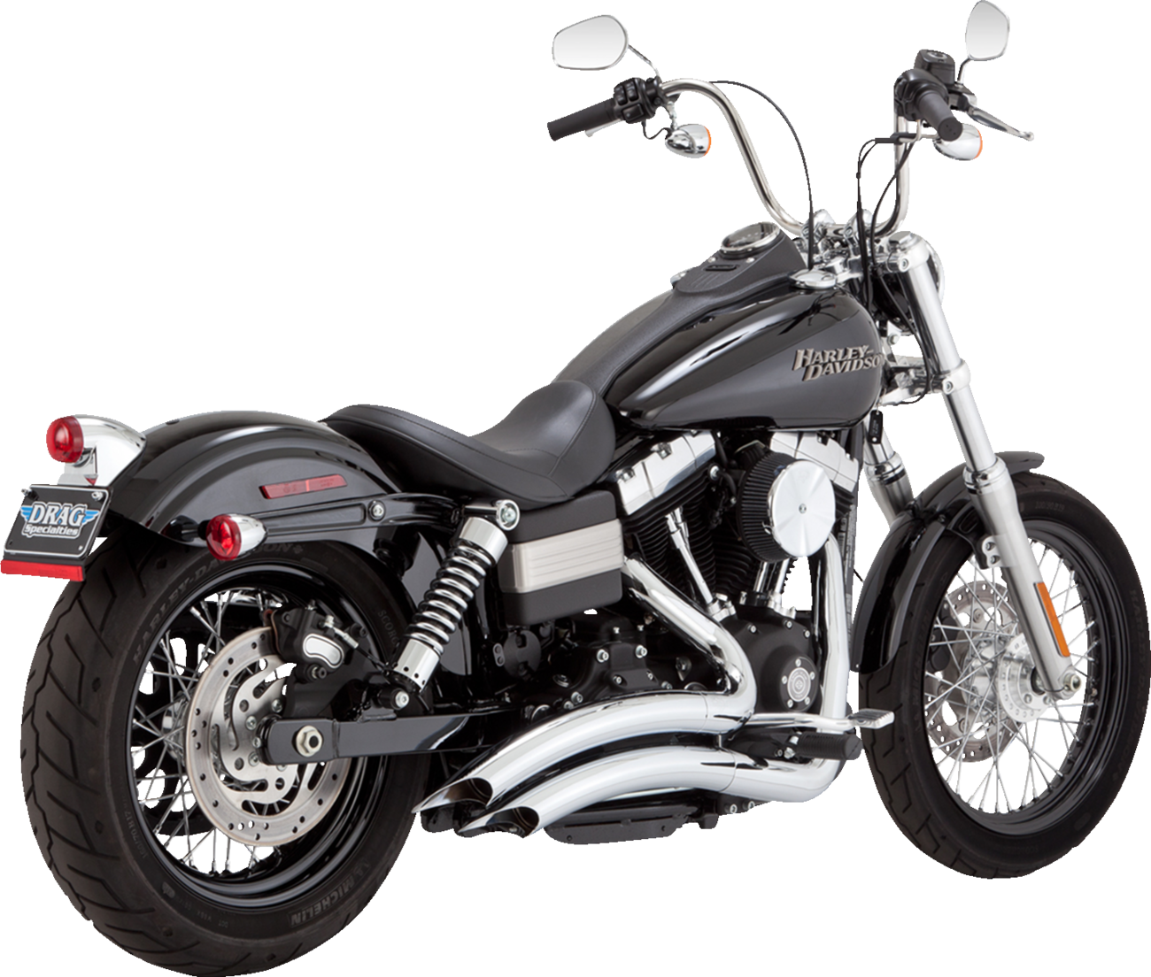 VANCE & HINES 26081 2-Into-2 Big Radius chrome motorcycle exhaust system with heat shield, showing polished finish and pipe design.
