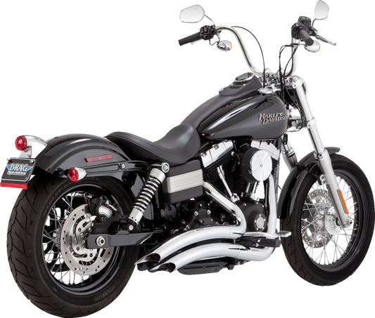 VANCE & HINES 26081 2-Into-2 Big Radius chrome motorcycle exhaust system with heat shield, showing polished finish and pipe design.