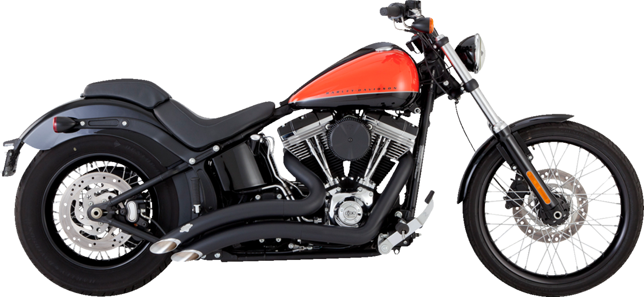 VANCE & HINES 2-into-2 Big Radius exhaust system with heat shield in matte black installed on motorcycle.