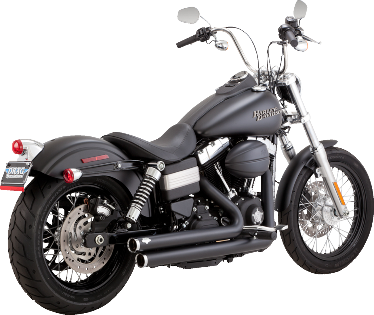 Vance & Hines Big Shots Staggered Exhaust System in matte black for motorcycles, featuring dual exhaust pipes and chrome accents.