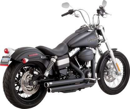 Vance & Hines Big Shots Staggered Exhaust System in matte black for motorcycles, featuring dual exhaust pipes and chrome accents.