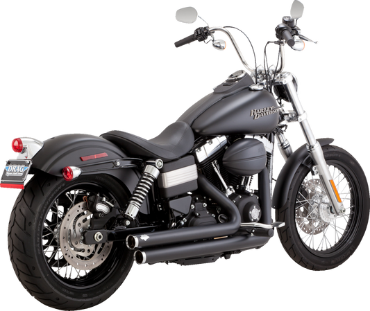 Vance & Hines Big Shots Staggered Exhaust System in matte black for motorcycles, featuring dual exhaust pipes and chrome accents.