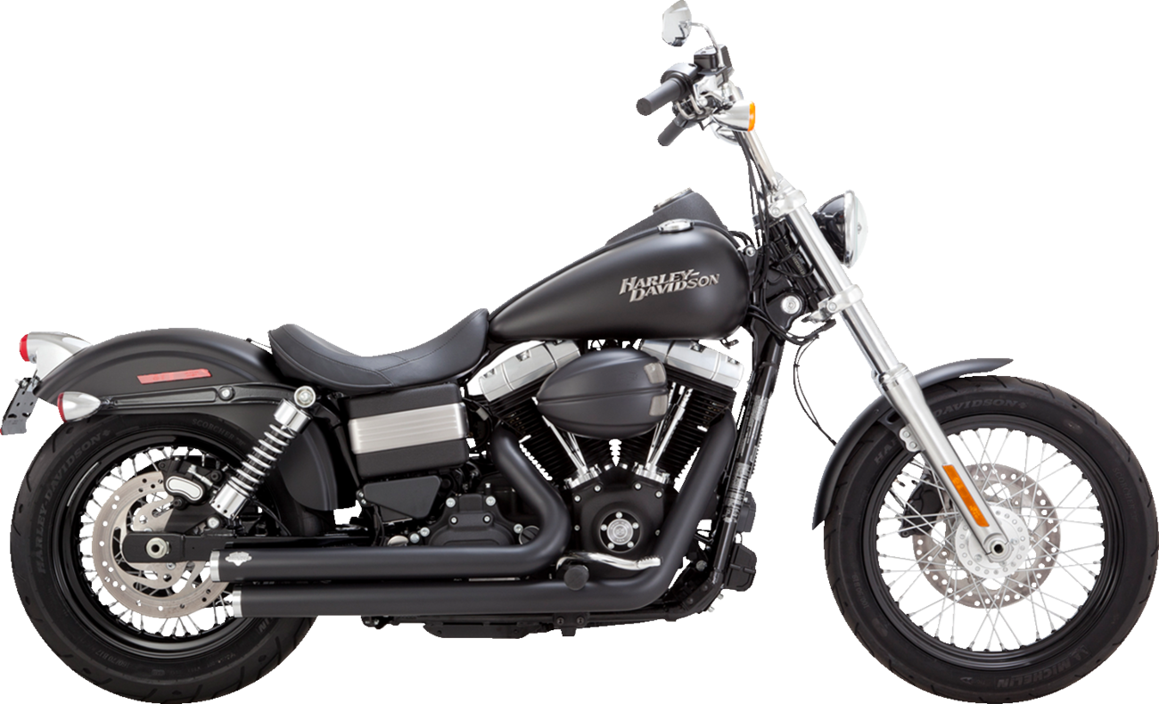 Vance & Hines Big Shots staggered exhaust system in matte black for motorcycles, showing the sleek, dual-pipe design.