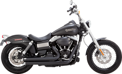 Vance & Hines Big Shots staggered exhaust system in matte black for motorcycles, showing the sleek, dual-pipe design.