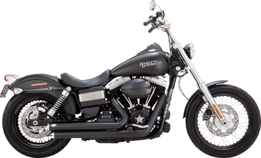 Vance & Hines Big Shots staggered exhaust system in matte black for motorcycles, showing the sleek, dual-pipe design.