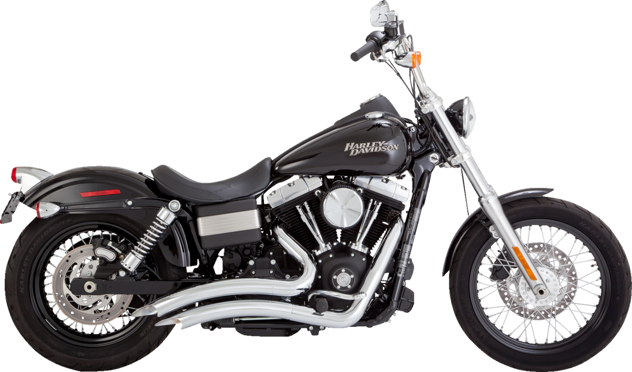 VANCE & HINES 2-Into-2 Big Radius Chrome Exhaust System with Heat Shield for motorcycle, featuring dual pipes and chrome finish.