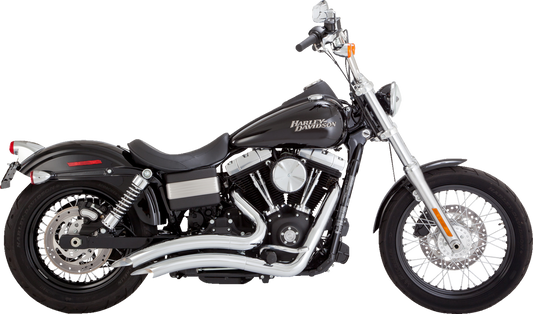 VANCE & HINES 2-Into-2 Big Radius Chrome Exhaust System with Heat Shield for motorcycle, featuring dual pipes and chrome finish.