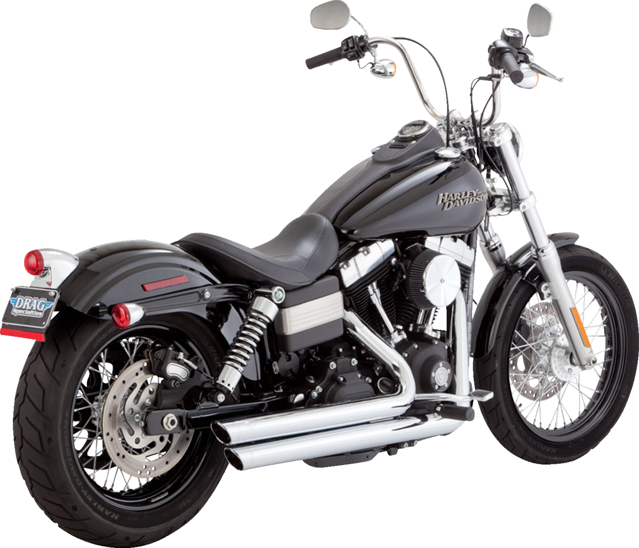Chrome Vance & Hines Big Shots Staggered Exhaust System with dual pipes and chrome finish for motorcycle exhaust upgrade.