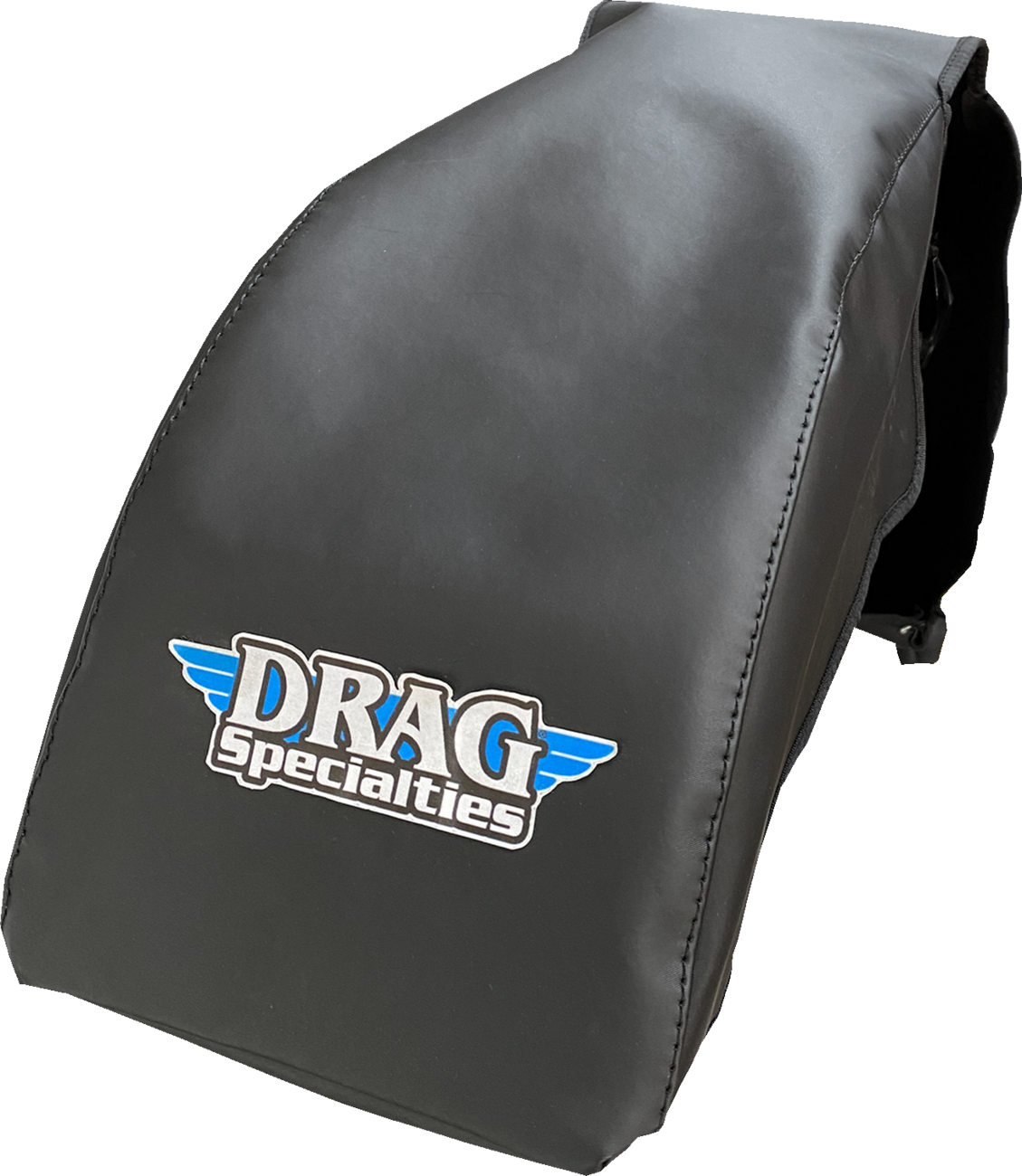DRAG SPECIALTIES front fender cover for Softail, Touring, and Trike motorcycles, showing black protective material on fender surface.