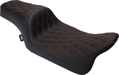 DRAG SPECIALTIES SEATS Predator 1Up seat with red diamond stitching and vinyl cover for Harley FLH models 2008-2023.