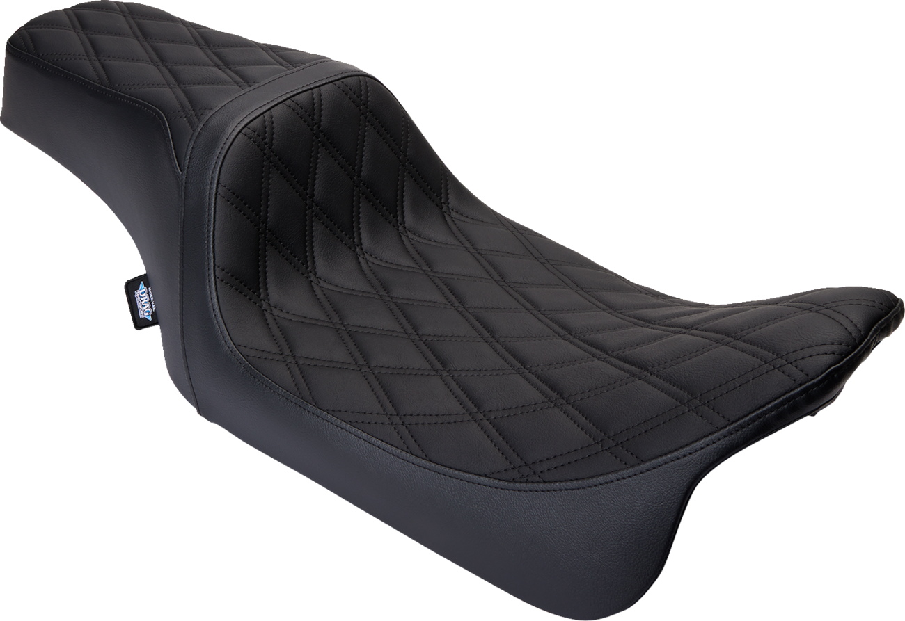 Black vinyl Predator 1Up seat with double diamond stitching for Harley FLH, featuring stylish black stitching from Drag Specialties Seats.