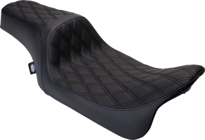 Black vinyl Predator 1Up seat with double diamond stitching for Harley FLH, featuring stylish black stitching from Drag Specialties Seats.