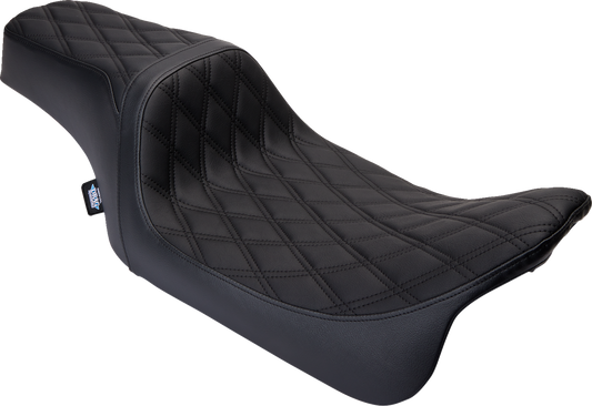 Black vinyl Predator 1Up seat with double diamond stitching for Harley FLH, featuring stylish black stitching from Drag Specialties Seats.