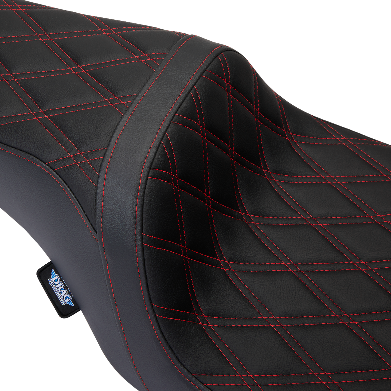 Drag Specialties Predator 1Up seat with red diamond stitch vinyl cover on Harley FLH motorcycle, 2008-2023.